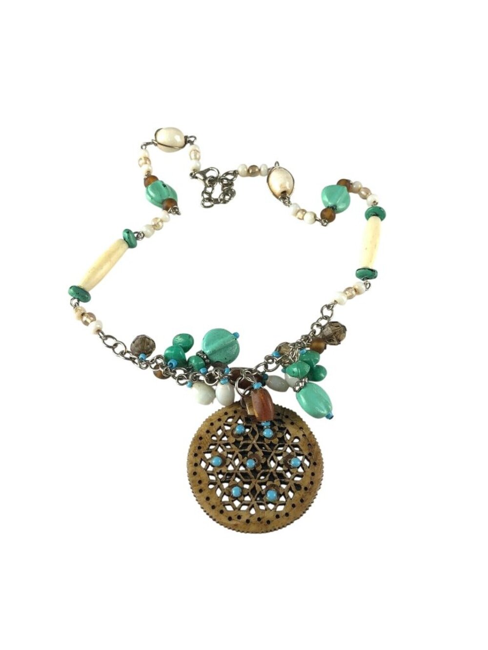 Beaded Bohemian Necklace 18" Blue Green & White Beads